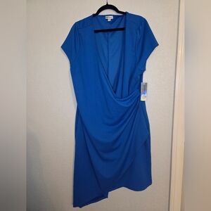 Derek Heart Blue Asymmetrical Sheath Dress with Plunge Neckline